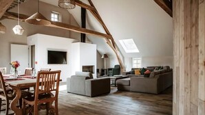 Ein Loft-Wohnraum mit Essbereich, Sofas und Kamin.