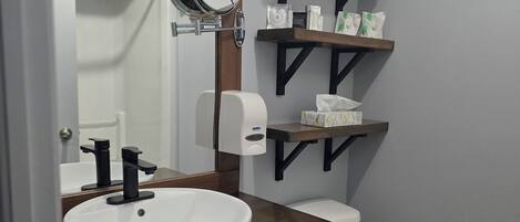 A bathroom with a white sink, a mirror, a toilet, and shelves with toiletries.