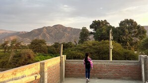 A person walking on a rooftop with a view of mountains and trees.
