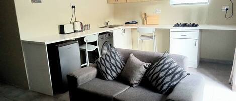 A compact living space with a sofa, a washing machine, a small kitchenette, and a dining area.