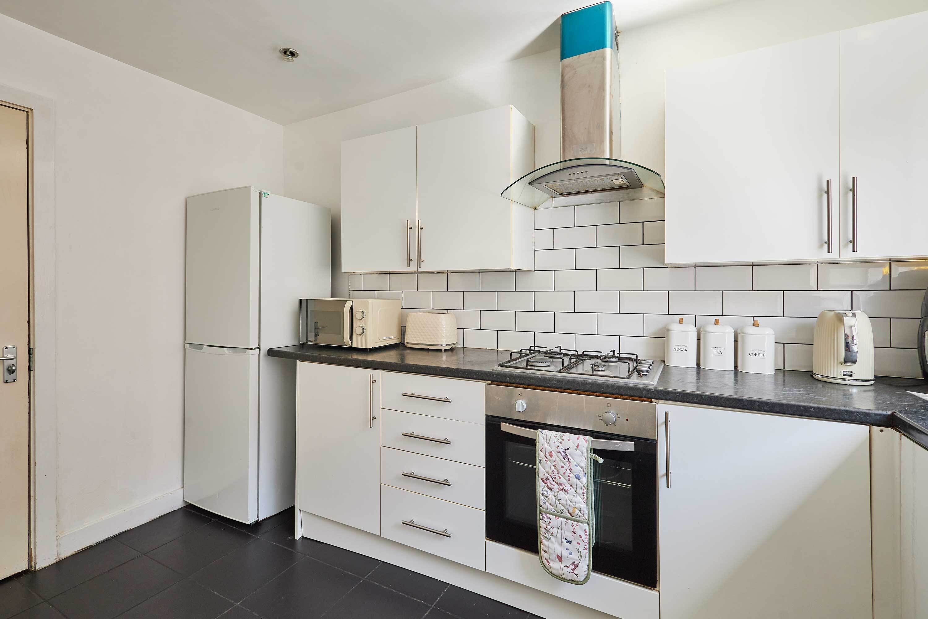 Fridge, microwave, oven, electric kettle