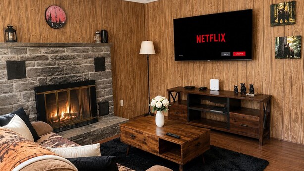 Ein Wohnzimmer mit Kamin aus Stein, einem an der Wand befestigten Flachbildfernseher, einem Couchtisch und einem Sofa.