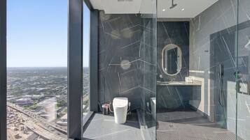 A modern bathroom with a glass shower enclosure, a toilet, and a sink.