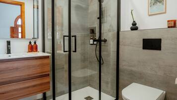 Shower, hair dryer, bidet, towels