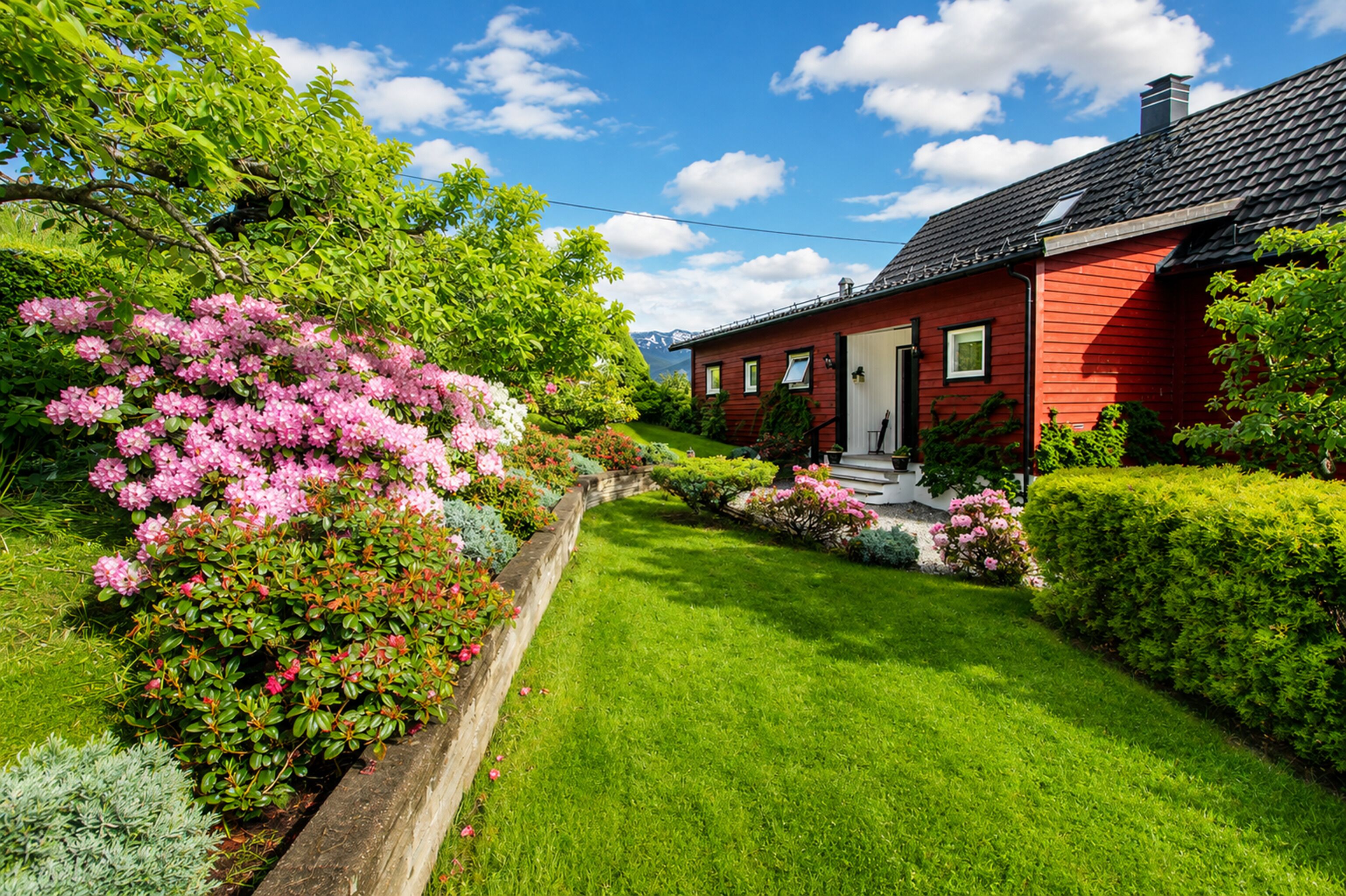 A red house with a well-maintained garden, a clear sky, and mountains in the background.