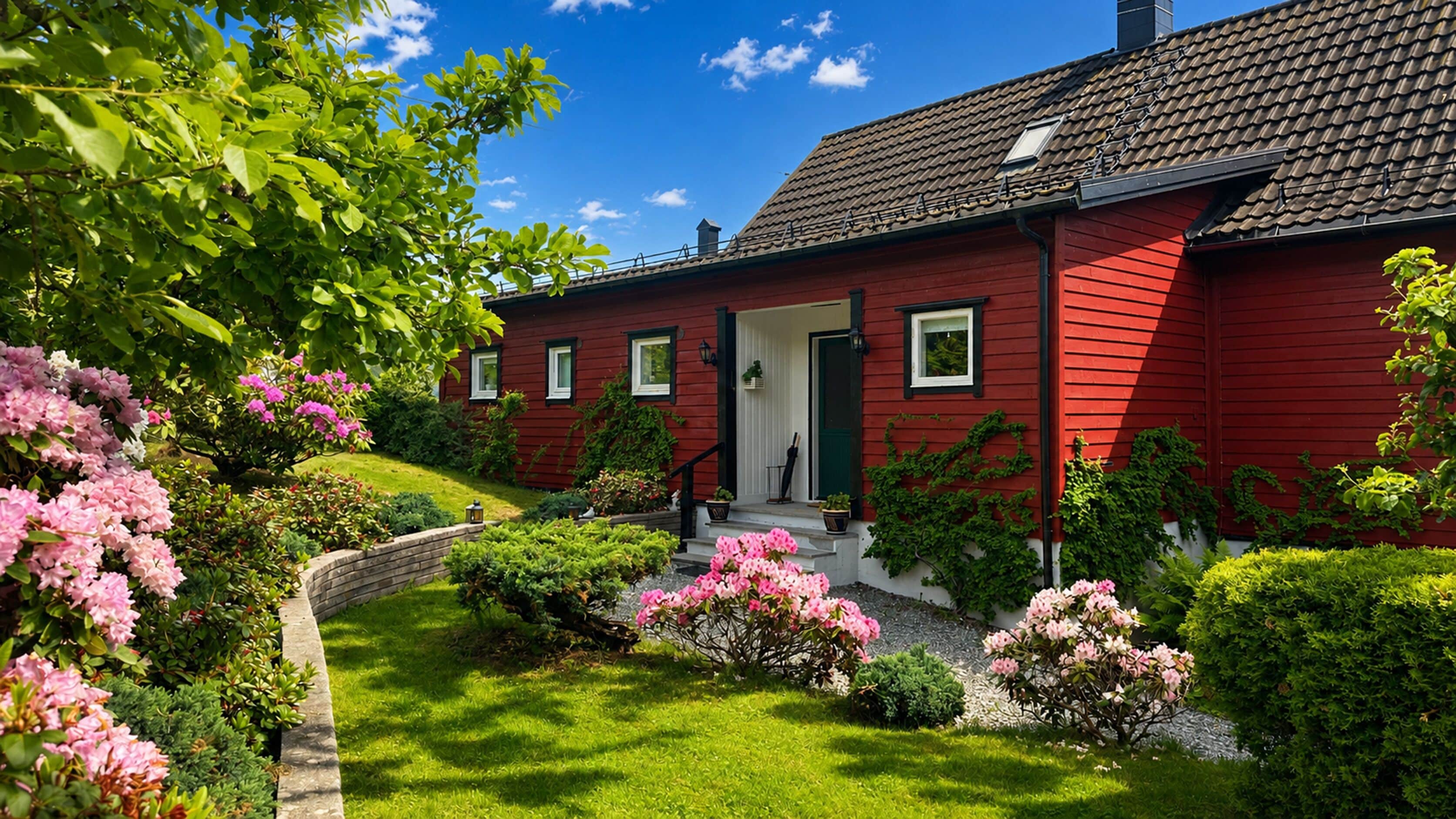 Una casa roja con puerta verde, rodeada de un jardín cuidado con flores rosadas y arbustos verdes.