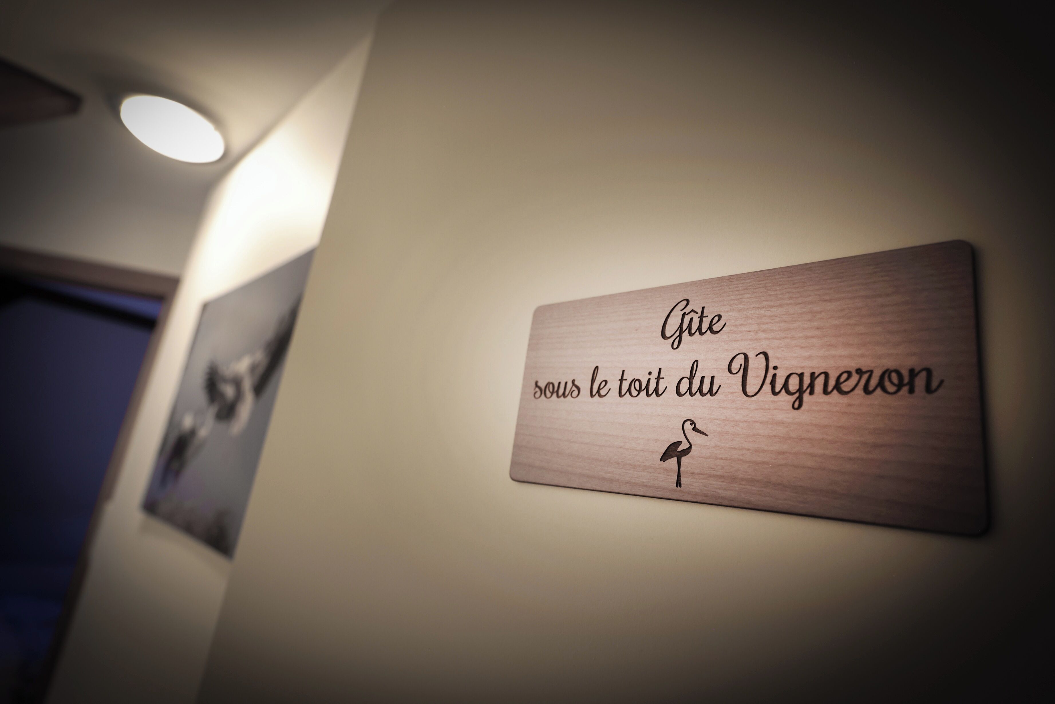 Eine hölzerne Plakette mit französischem Text und einer Vogelkontur an einer Wand.