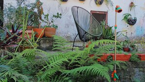 En have med forskellige planter i krukker, en stol og et vandelement.