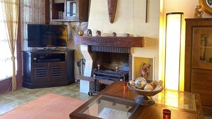 Un saló amb una llar de foc, televisió i una estanteria decorativa plena de figures.