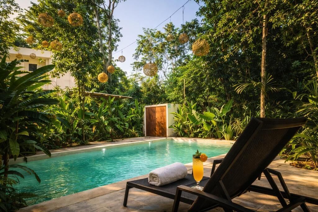 A poolside area with a lounge chair, a towel, and a drink.