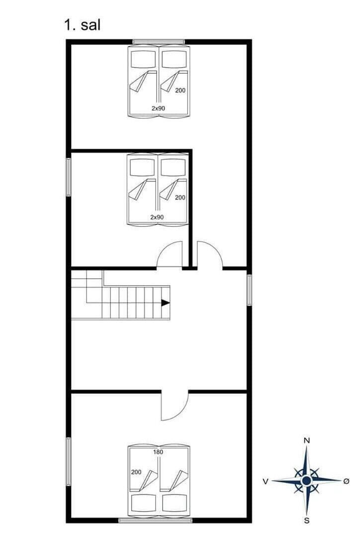 Plan d’un étage d’une chambre d’hôtel, portant la mention « 1er étage », avec des dimensions de 200 x 200 et de 180 x 200, comprenant une salle de bain et un petit couloir.