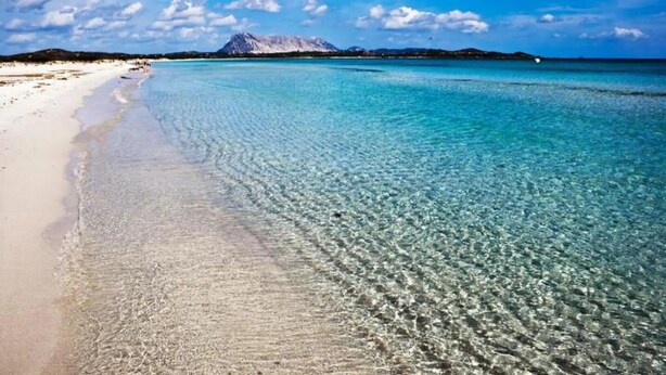 Ein Strand mit klarem türkisblauem Wasser, einem Sandufer und einem Berg im Hintergrund.