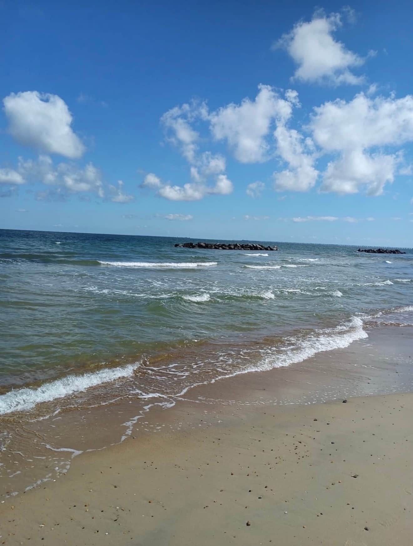 A beach with waves, a clear sky, and a distant pier.
