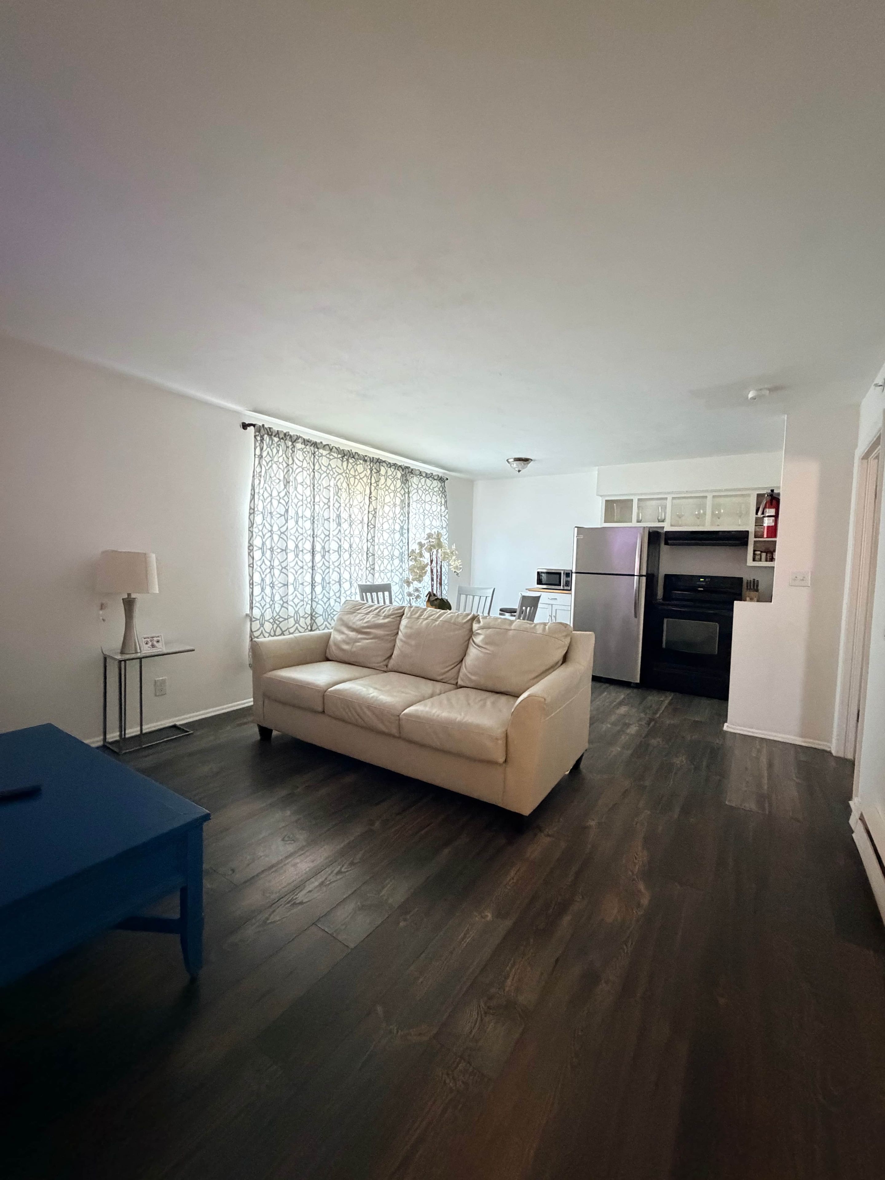 A living room with a sofa, a coffee table, and a kitchen area with appliances.