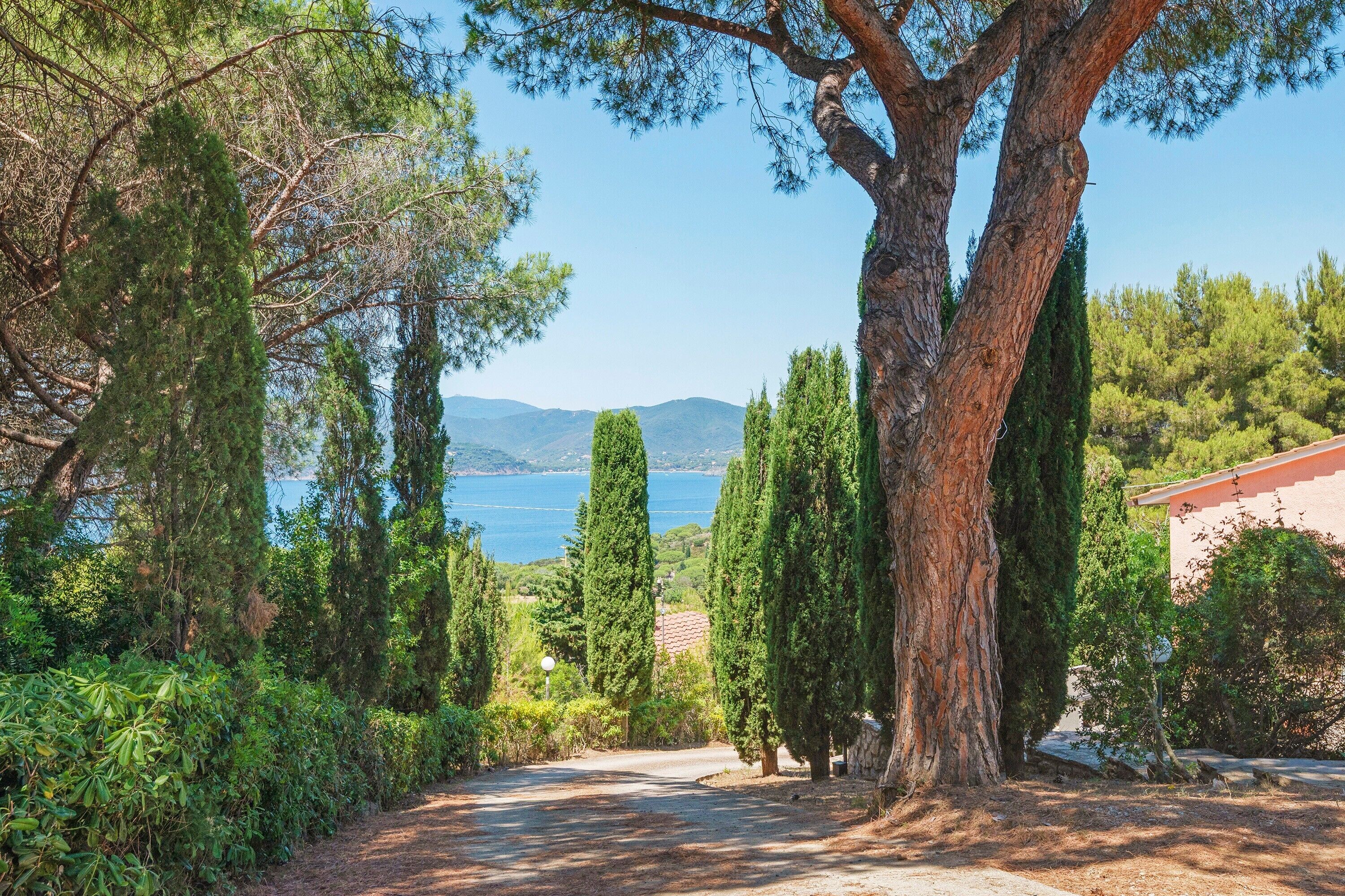 A pathway leading to a building with a view of a lake and mountains.