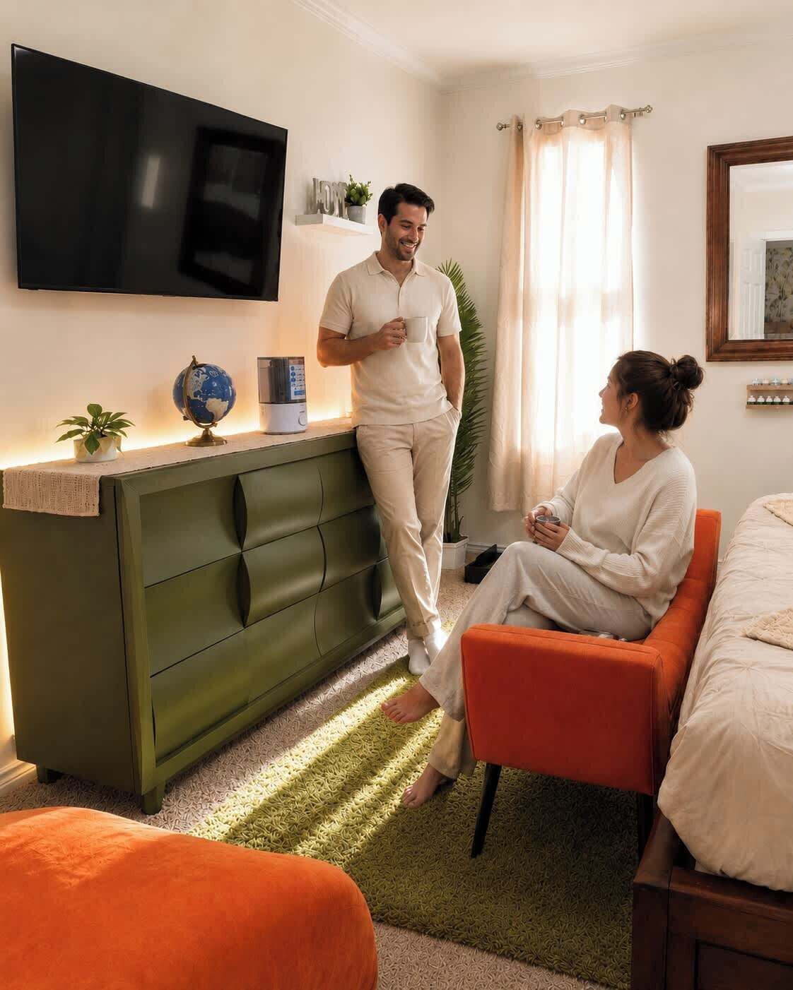 A room with a green dresser, a television mounted on the wall, a bed with an orange headboard, and a window with curtains.