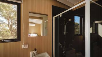 Shower, hair dryer, towels, shampoo