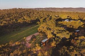 Une propriété rurale comprenant une petite cabane et un bâtiment plus grand, le tout entouré d’une forêt dense et de vastes champs.
