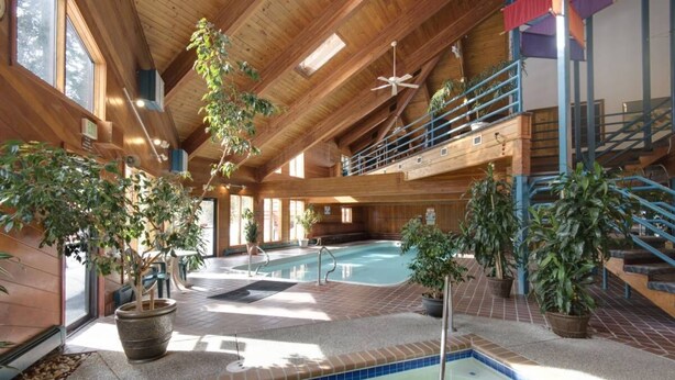 An indoor swimming pool with wooden beams, potted plants, and a staircase. - The Buffalo Lodge | Hot Tub • Stunning Mtn Views! (Silverthorne)