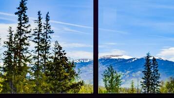 Una ventana con vistas a altos árboles de hoja perenne y una cordillera.