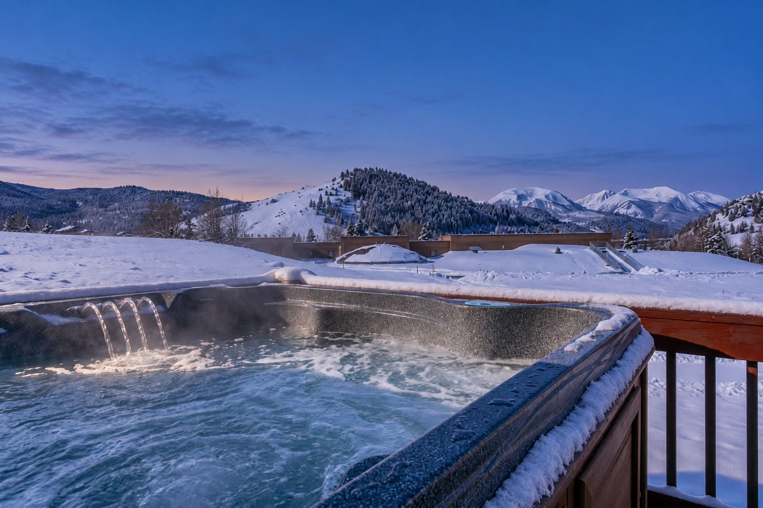 A hot spring with a wooden deck, surrounded by snow-covered mountains and a clear sky.