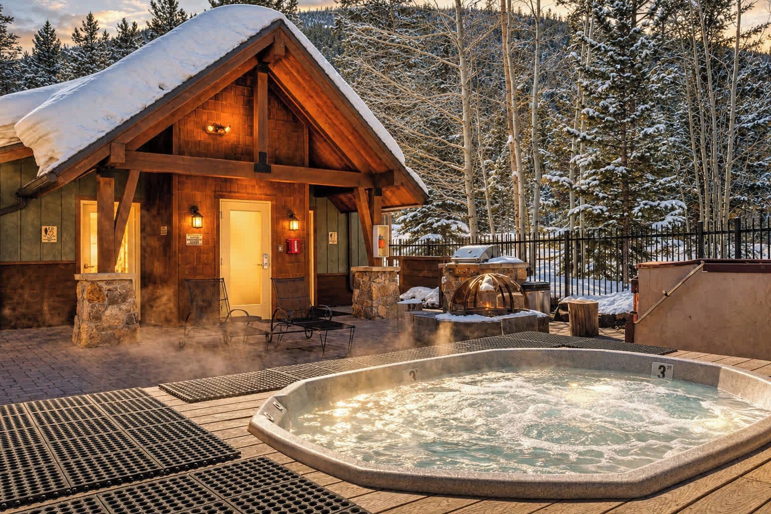 A wooden lodge with a hot tub and outdoor seating area, surrounded by snow-covered trees.