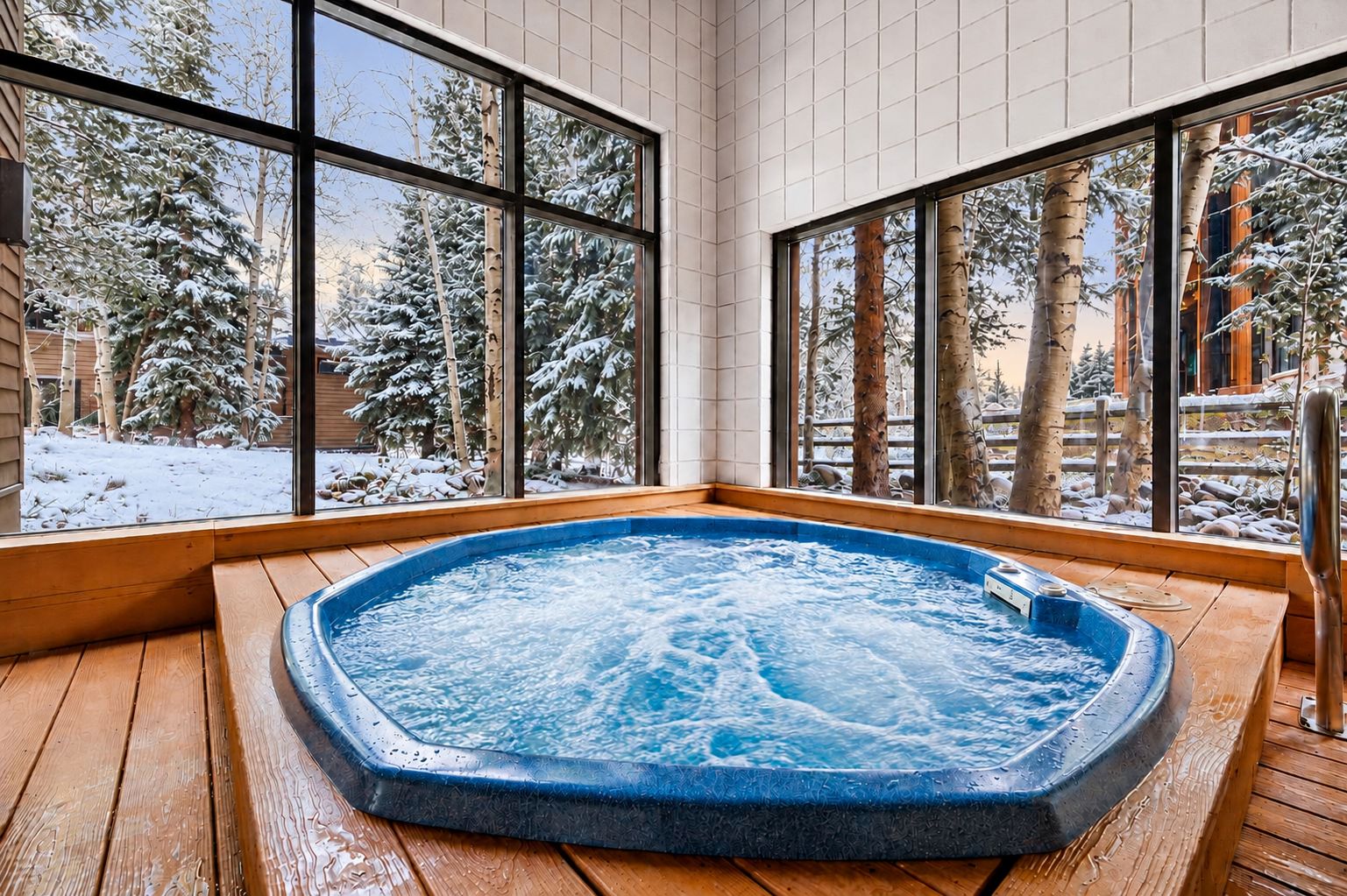 A hot tub in a room with large windows overlooking a snowy landscape.