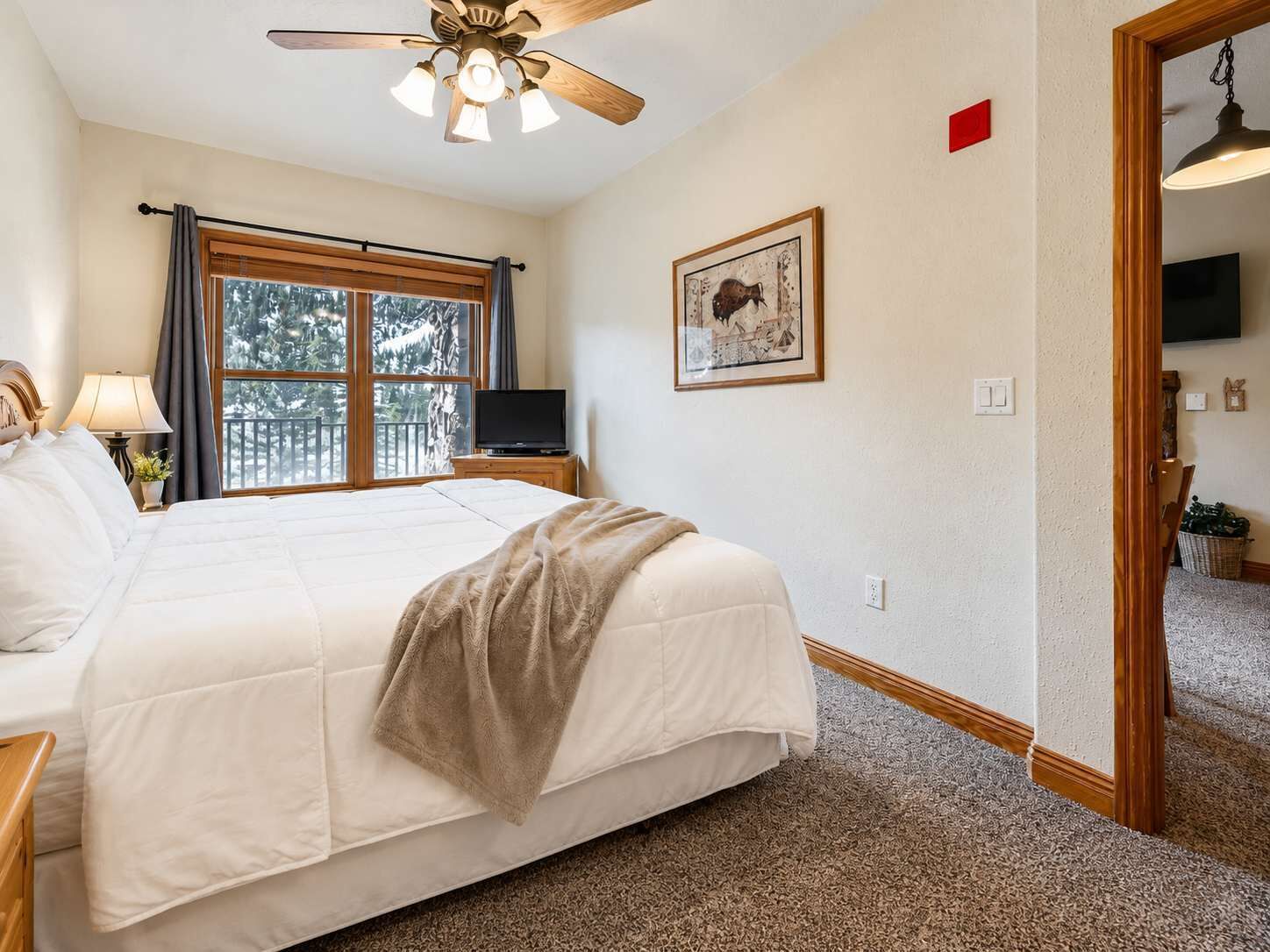A bedroom with a bed, a ceiling fan, a window with curtains, a television, and a framed picture on the wall.