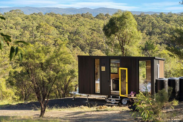 A modern, compact cabin with a visible kitchen area, situated in a forested landscape with a clear view of the surrounding hills.