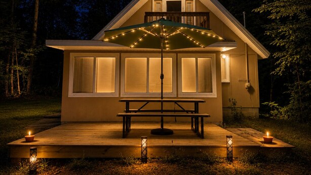 Ein Haus mit überdachter Terrasse, einem Tisch und einer Bank.