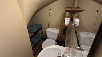 Chuveiro, toalhas de banho, papel higiênico