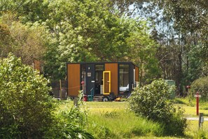 A small, modern cabin with a large sliding door, surrounded by dense greenery.