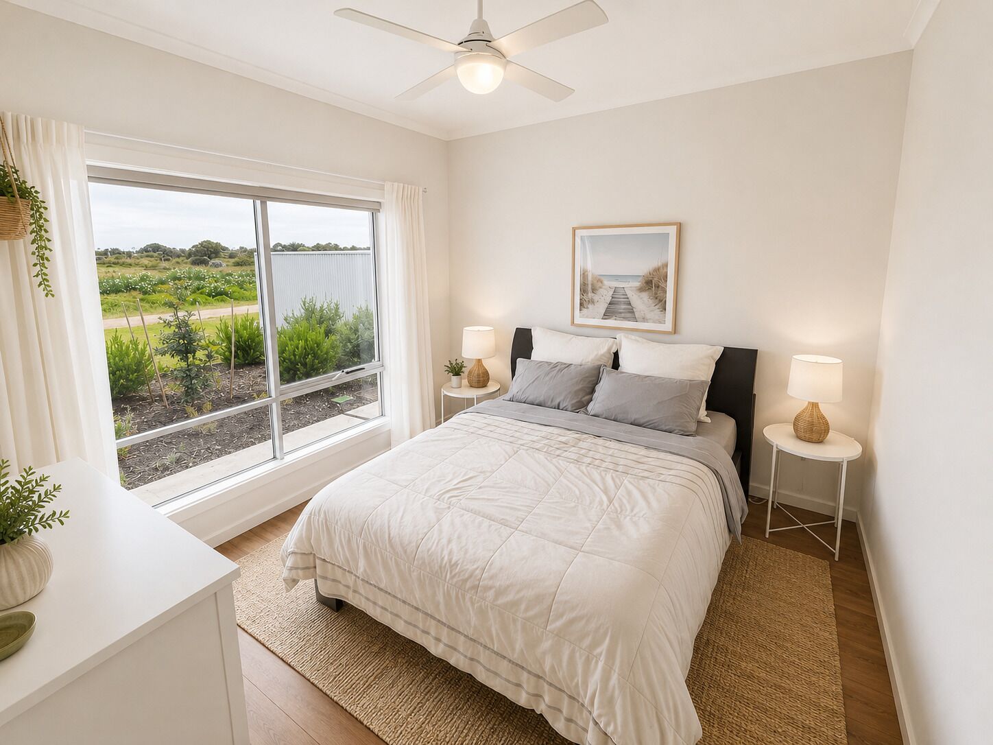 A bedroom with a large window, a bed with a white duvet, two bedside tables with lamps, and a ceiling fan.