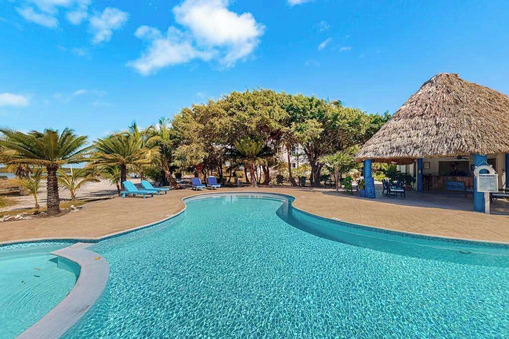 A clear swimming pool with blue water, surrounded by lounge chairs and a thatched-roof structure.