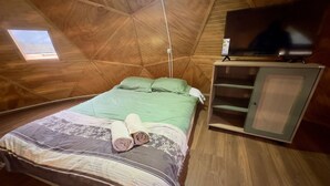 A room with a bed, a TV, and a small window.