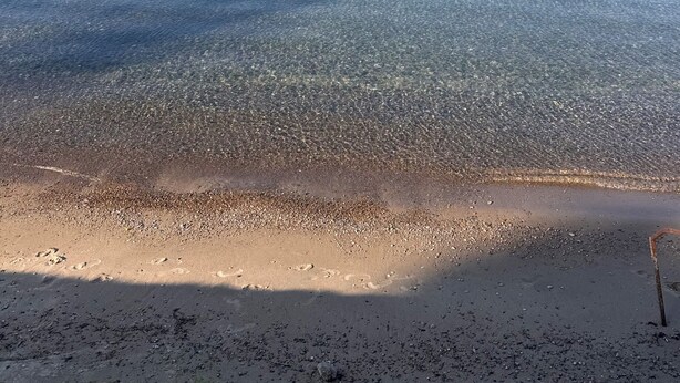 En strand med klart vatten, en sandstrand och en klar himmel.