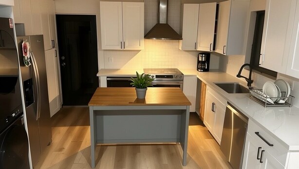 A modern kitchen with white cabinets, a wooden table, a stove, and a sink. - Miami International Airport Stay/beautiful home in central location (Miami)