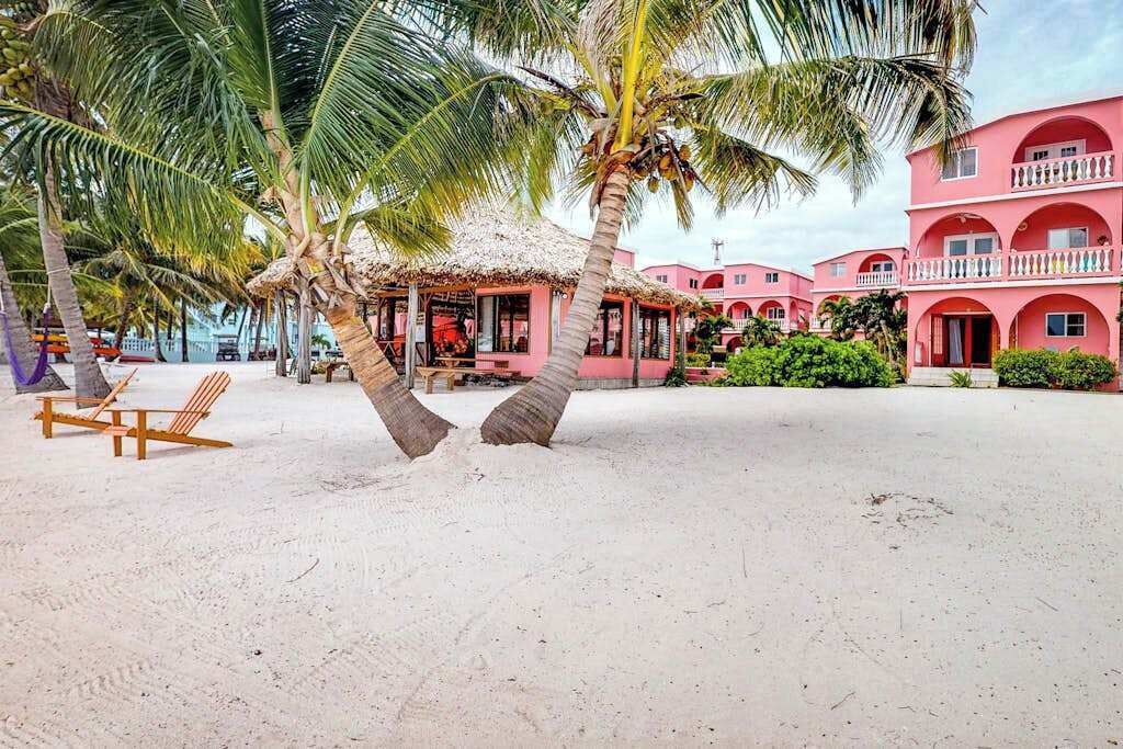En strand med palmer, en hytte med stråtæthed og lyserøde bygninger med balkoner.