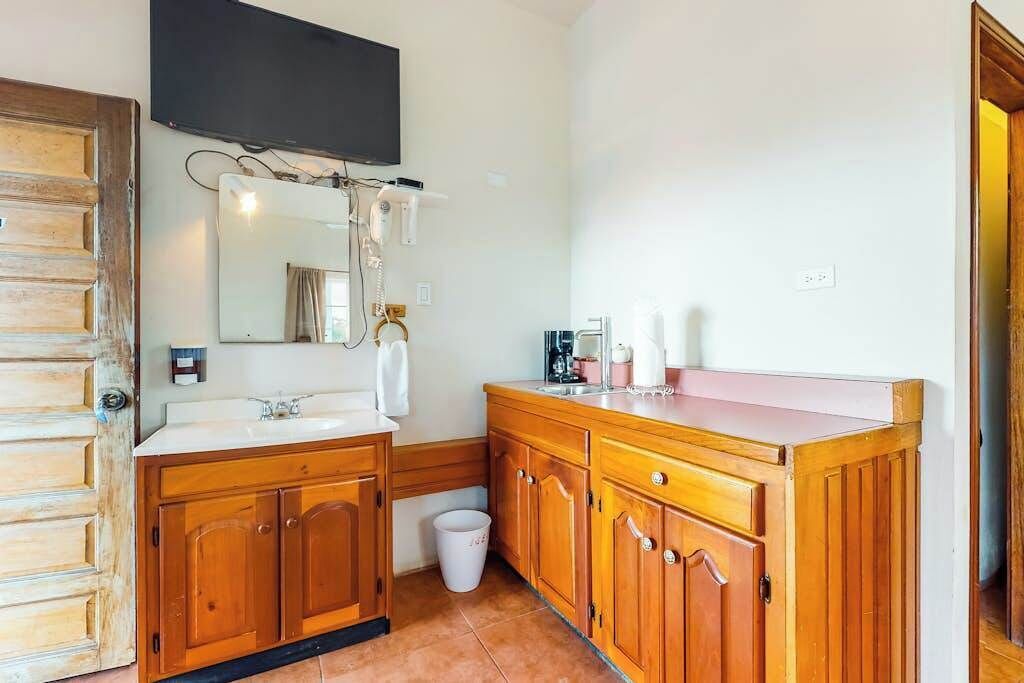 A bathroom with wooden cabinets, a sink, a mirror, a television mounted above the mirror, and a trash bin.