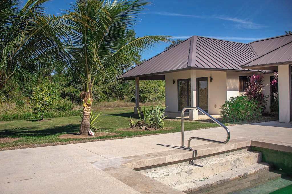 A modern house with a covered porch, a concrete staircase, and a palm tree.