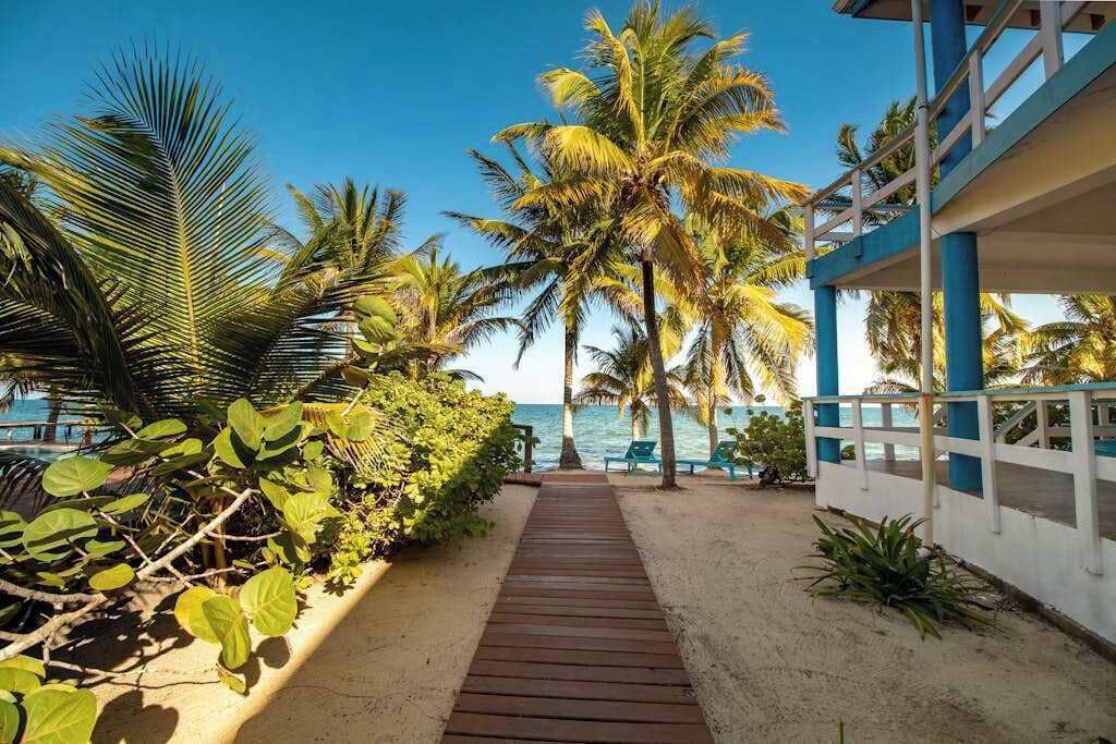 A wooden pathway leading to a beach area with palm trees and a building with blue and white exterior.