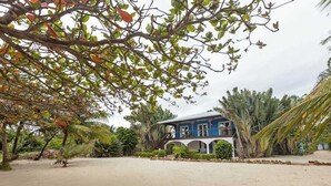 A beachfront property with a blue building, surrounded by palm trees and other tropical vegetation.