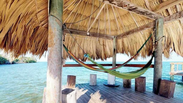 A wooden deck with a thatched roof and a hammock.