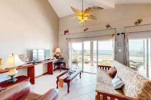 TV, fireplace - Well-Located Beachfront Apartment with Ocean View, Pool, Central AC, & WiFi (San Pedro)