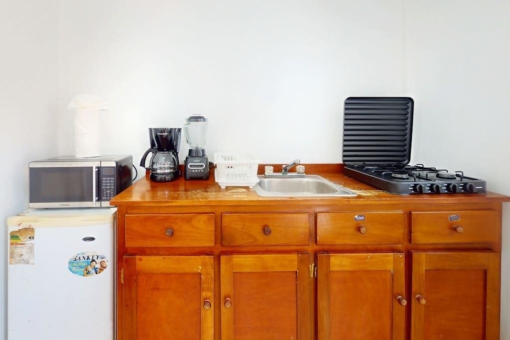 Une cuisine compacte équipée d’un four à micro-ondes, d’une machine à café, d’un mixeur, d’un grille-pain, d’un évier et d’une cuisinière.