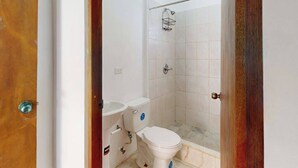 A bathroom with a toilet, sink, shower, and a wooden door. - Enchanting single-level living space with a mini kitchen in a prime area (Caye Caulker)