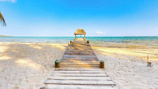 A wooden pier leading to a thatched-roof structure on a sandy beach with clear blue water. - Romantic beachfront home w ocean views, dock, hammock, veranda & free WiFi (Placencia)