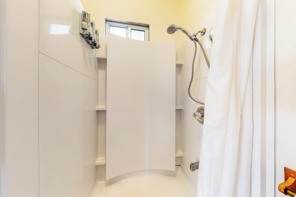 Shower, hair dryer, towels