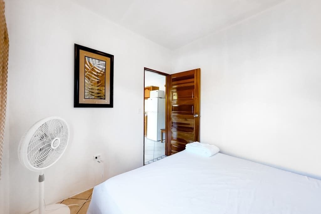 A bedroom with a bed, a standing fan, a wooden door, and a framed picture on the wall.