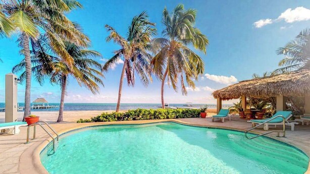 Ein Pool mit klarem Wasser, umgeben von Palmen und Blick auf den Strand.